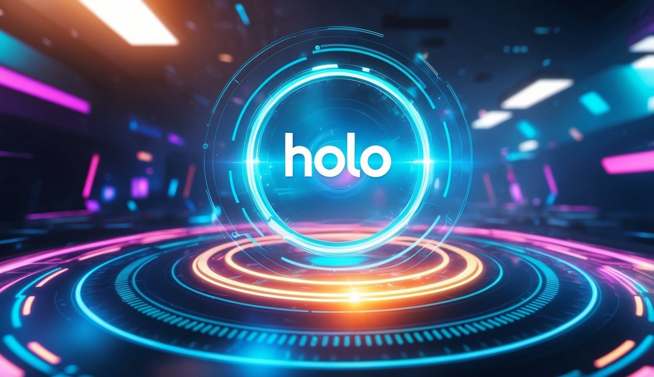 A holographic representation of the Holo (HOT) logo rotating in a futuristic, digital environment with vibrant colors and dynamic movement