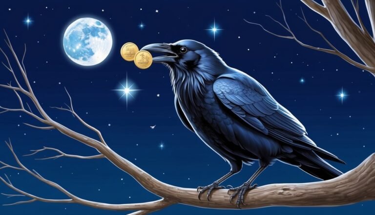 A raven perched on a branch, holding two coins, under a full moon