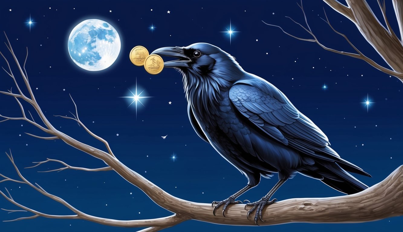 A dark raven perched on a tree branch, with a shining coin in its beak.</p><p>The moon and stars illuminate the night sky