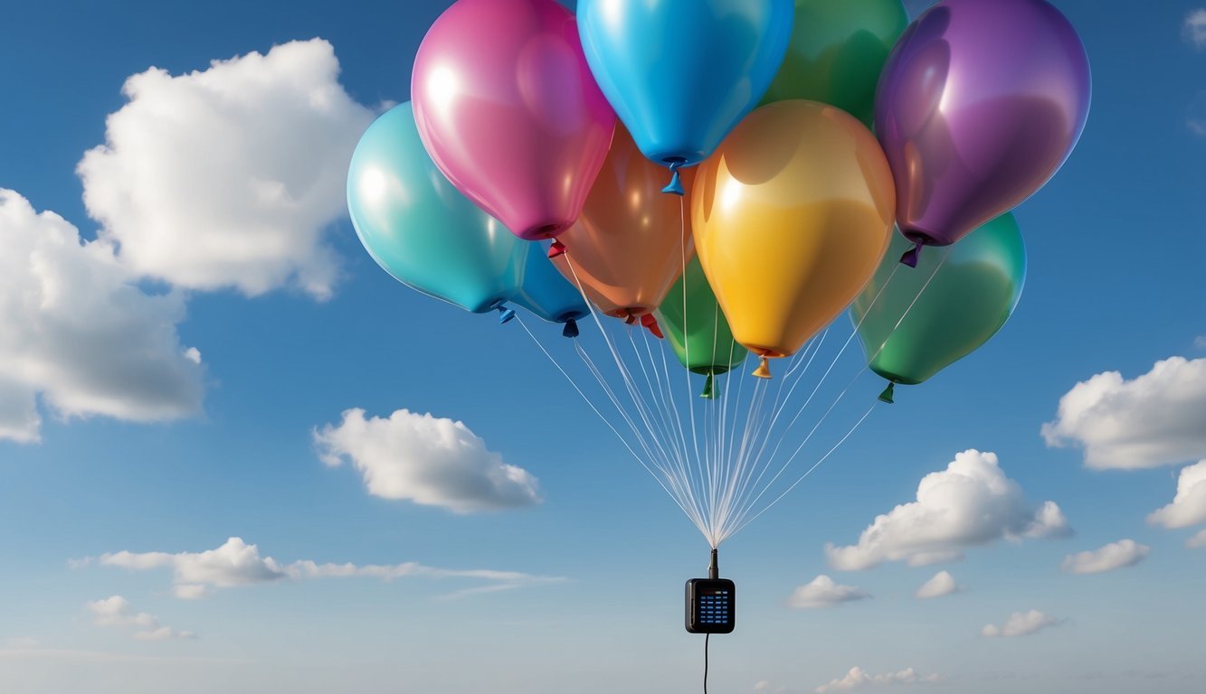 A cluster of colorful helium balloons floating in the sky, tethered to a small device emitting signals