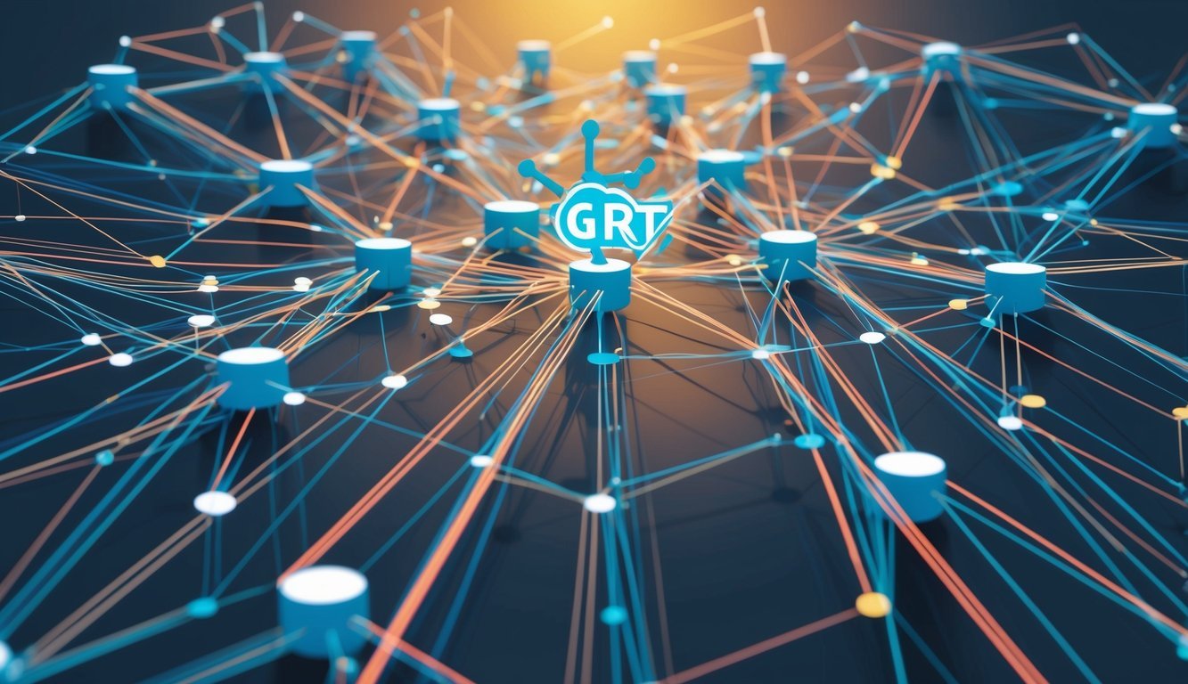 A network of interconnected nodes representing The Graph (GRT) with data flowing between them