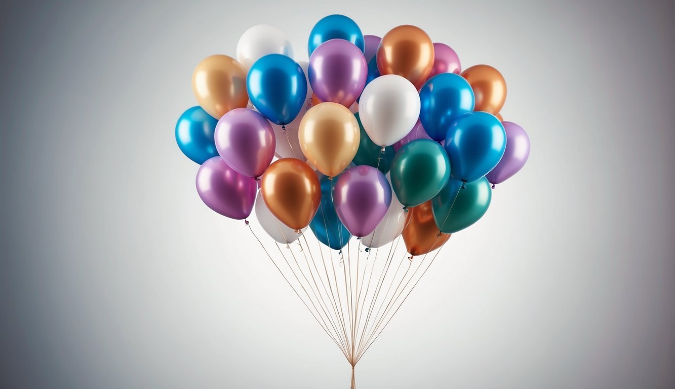 A cluster of helium balloons floating upward, connected by thin strings, expanding and filling the space around them