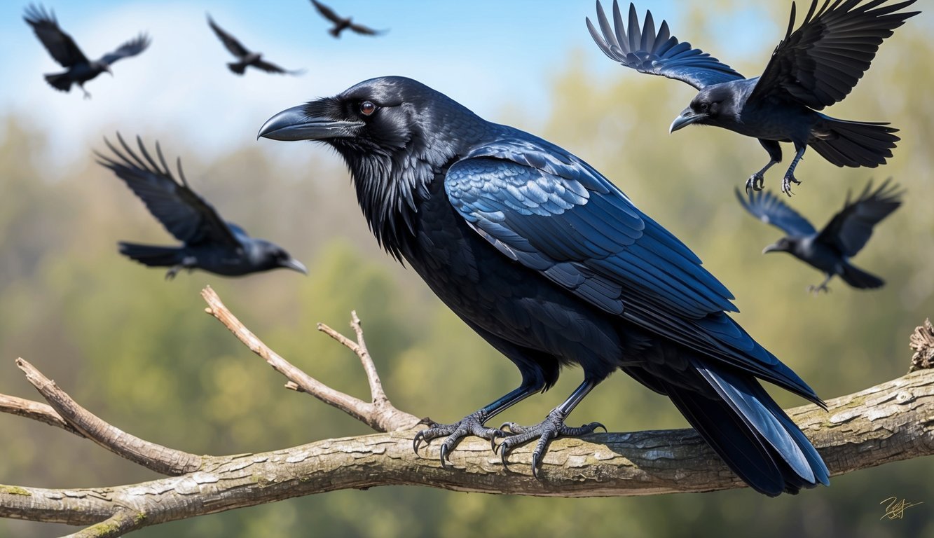 A raven perched on a tree branch, with its feathers glinting in the sunlight, while a group of ravens fly in the background