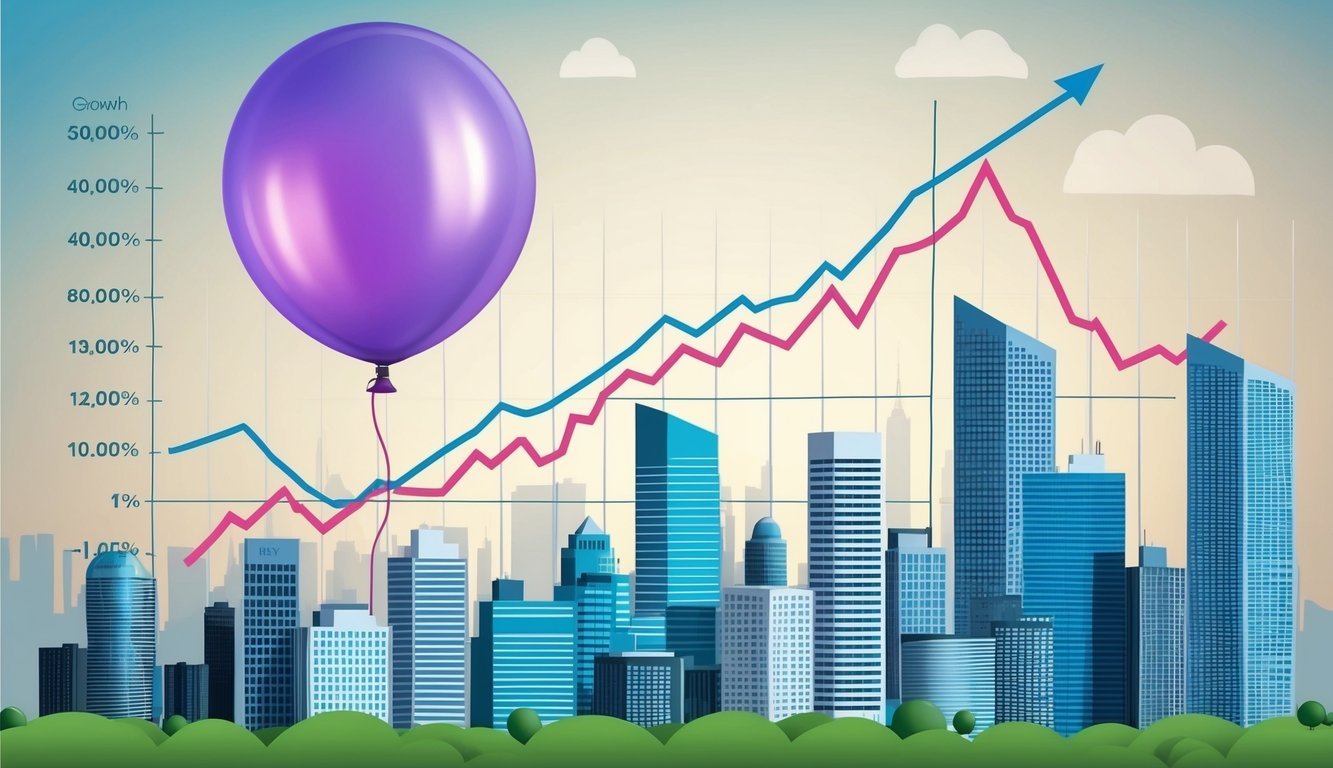 A helium-filled balloon floating above a city skyline, with a graph showing economic growth in the background