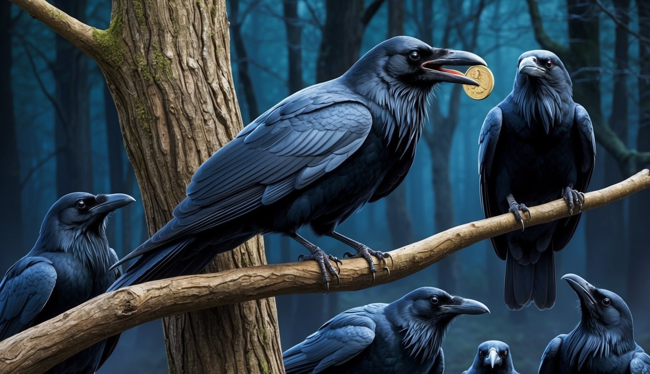 A raven perched on a tree branch with a coin in its beak, surrounded by other ravens in a dark, mysterious forest