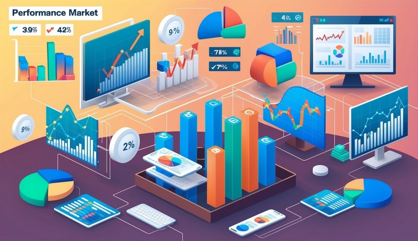 A bustling market with various graphs and charts displayed, showing fluctuating trends and performance metrics