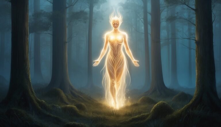 Glowing ethereal figure in a forest, radiating light, arms outstretched, walking forward