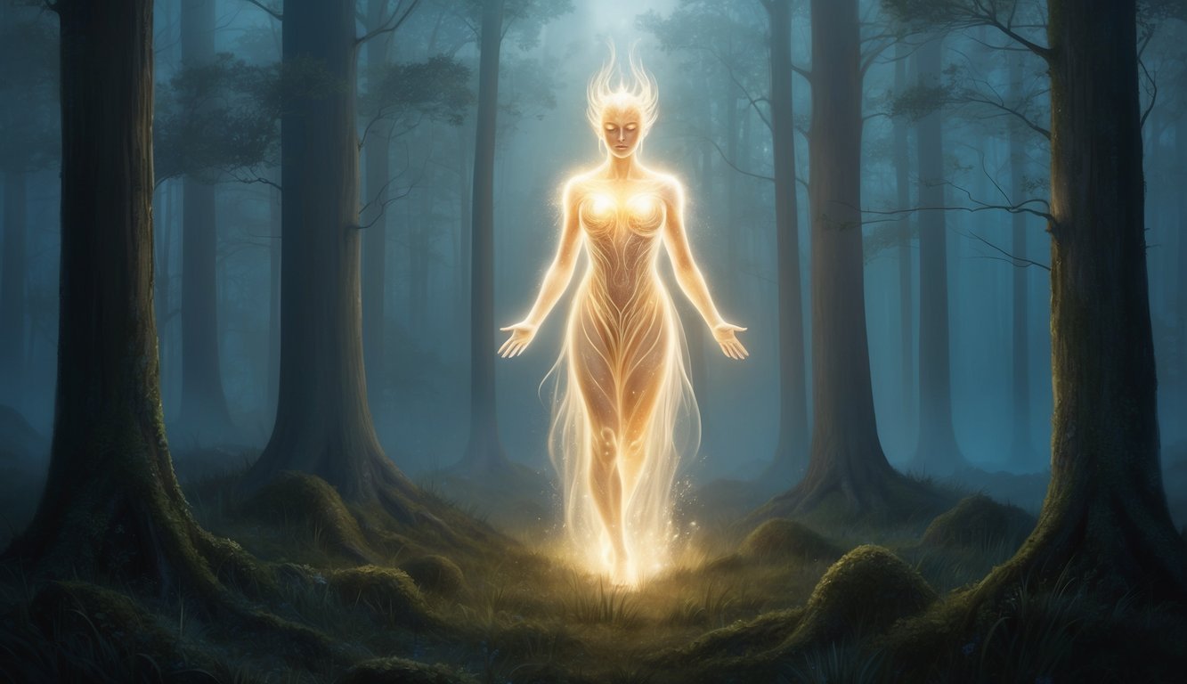 A glowing, ethereal figure emerges from a misty forest, radiating a sense of mystery and power