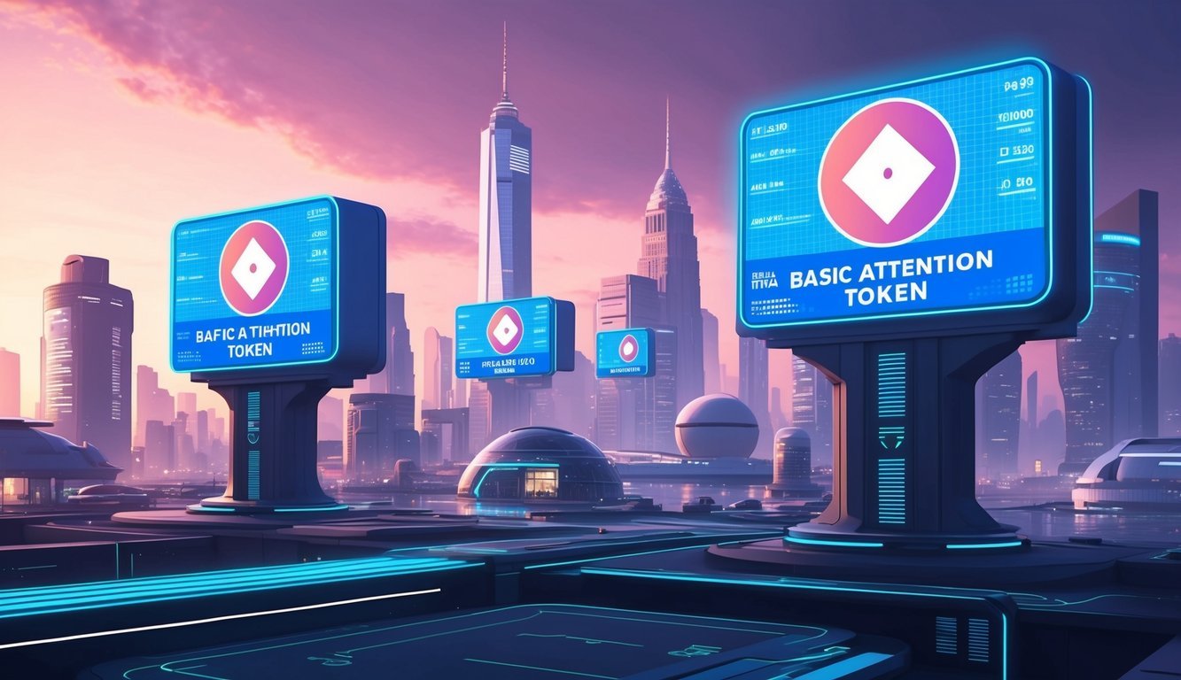 A futuristic cityscape with digital billboards displaying the Basic Attention Token logo and real-time market data