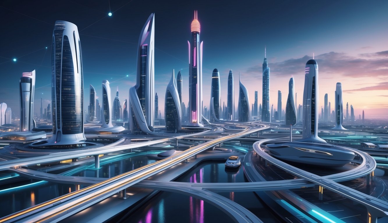 A futuristic cityscape with sleek, interconnected buildings and advanced transportation systems.</p><p>The skyline is dominated by towering structures and glowing neon lights