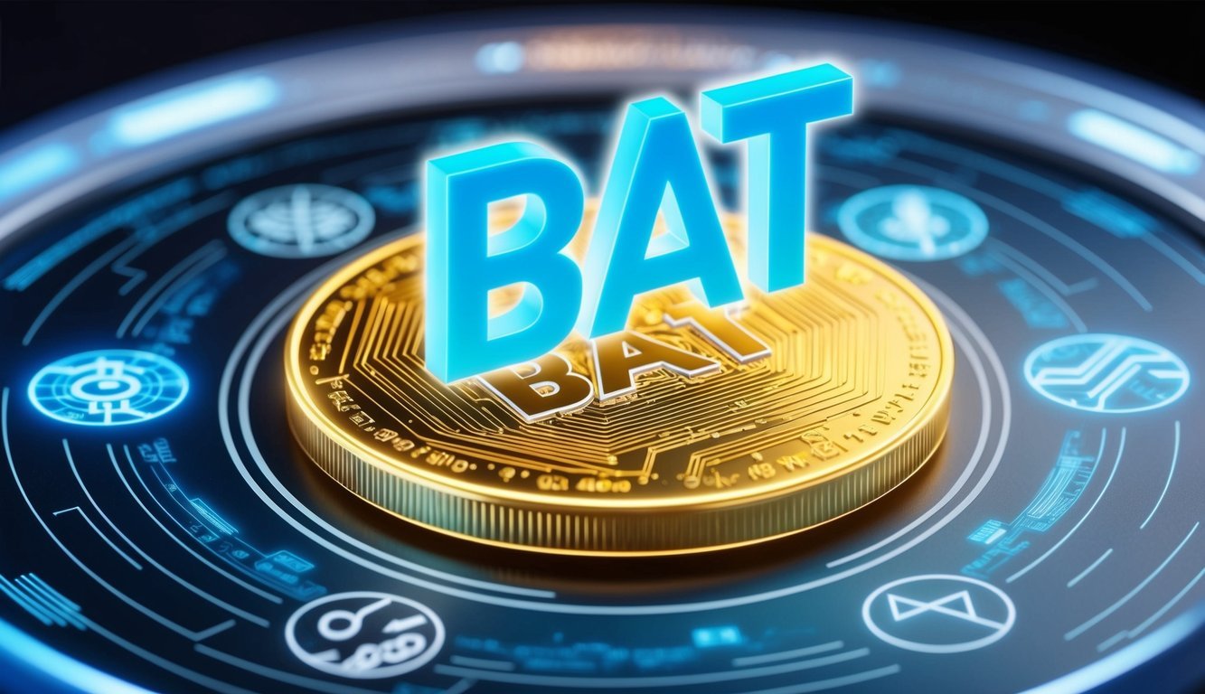 A glowing, futuristic coin with the letters "BAT" hovering above it, surrounded by symbols representing technology and finance