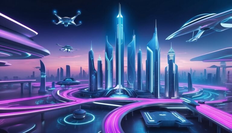 Futuristic city with glowing skyscrapers, flying vehicles, and neon roadways