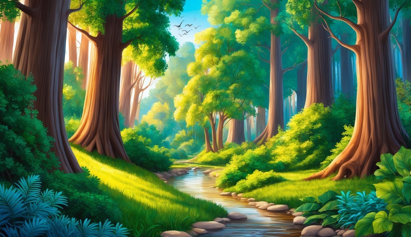 A vibrant forest with towering trees and lush foliage, with a clear stream running through it and birds chirping in the distance