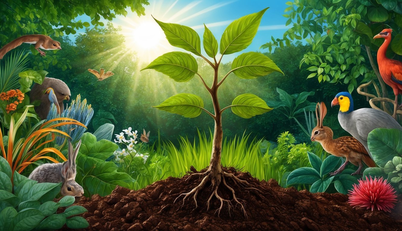 A young sapling emerges from rich soil, reaching toward the sunlight, surrounded by a diverse array of flora and fauna