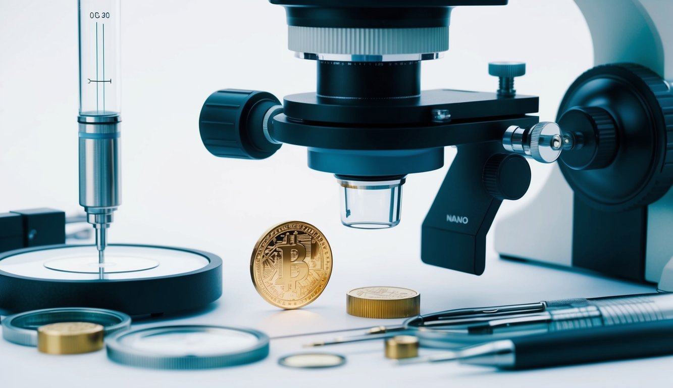 A microscope zooms in on a tiny Nano (NANO) coin, surrounded by precision measurement tools and scientific instruments