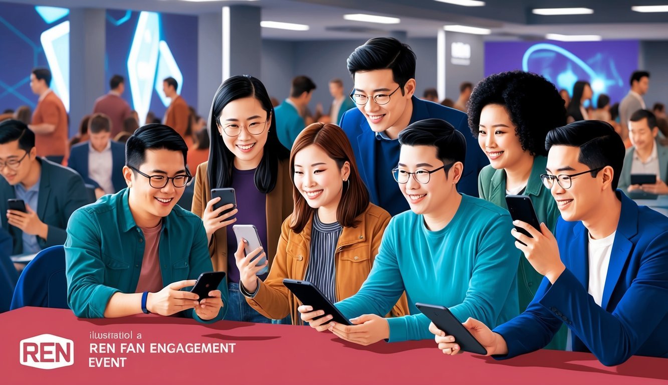 A group of people interacting with digital devices at a Ren (REN) fan engagement event