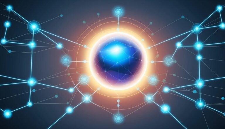 Glowing blue network connected to a central sphere with orange and blue light