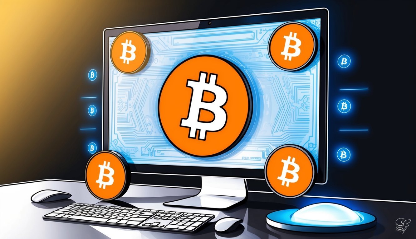 A computer screen displaying a Bitcoin SV (BSV) logo surrounded by digital currency symbols