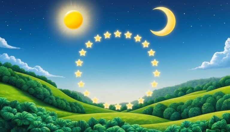 Sun, moon, and a ring of stars over green hills and blue sky