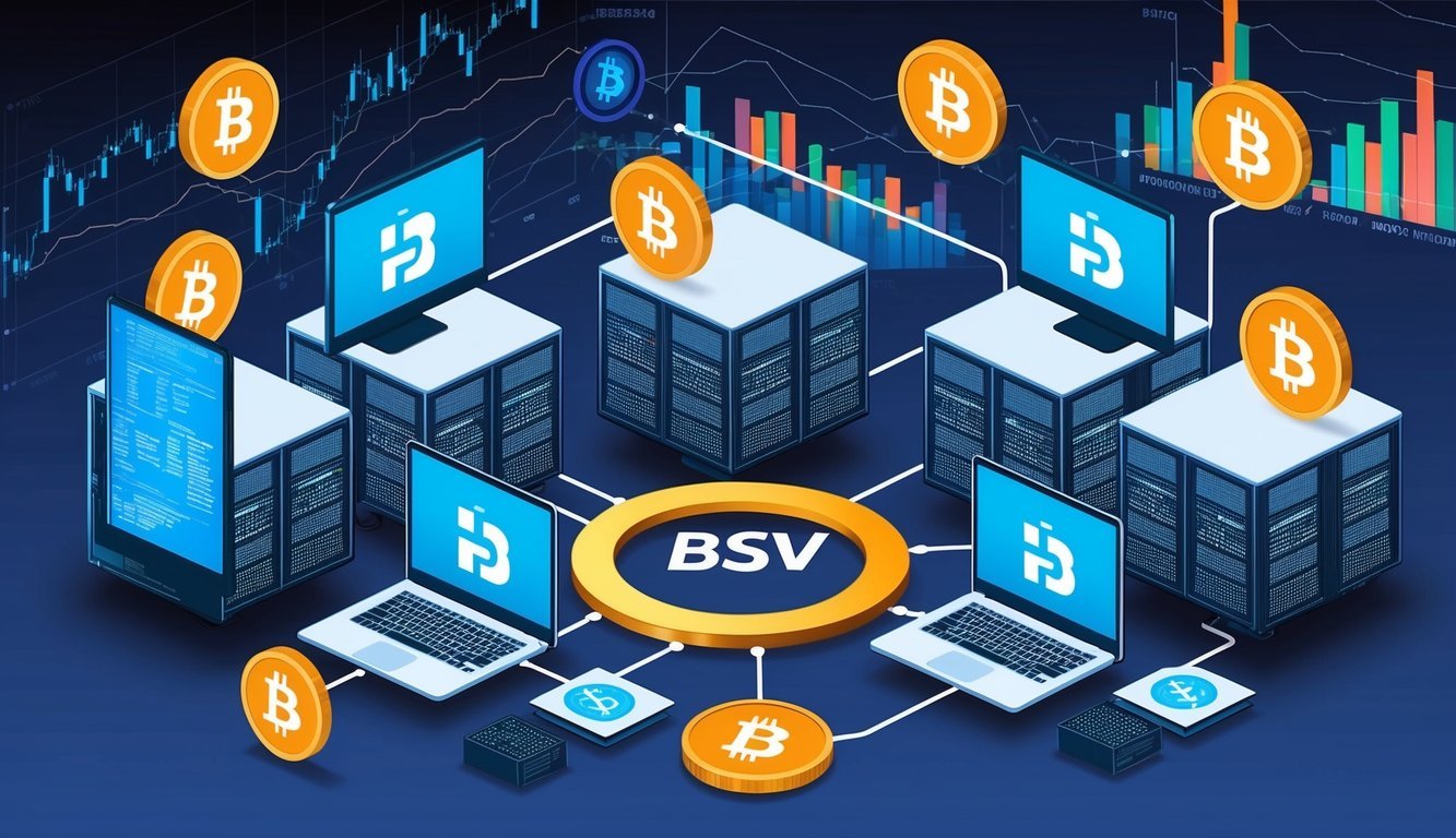 A group of interconnected computer servers with Bitcoin SV (BSV) logo displayed on screens, surrounded by digital currency symbols and historical charts