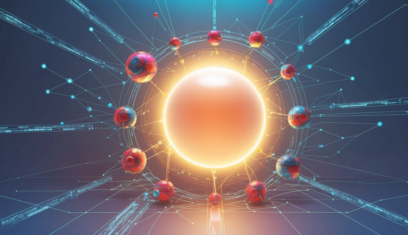 A glowing orb surrounded by interconnected nodes and data streams