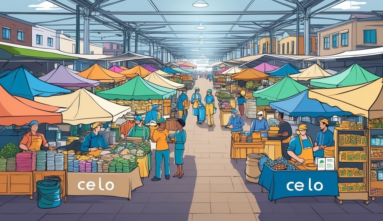 A bustling marketplace with diverse vendors selling goods and services, all using Celo (CELO) for transactions.</p><p>Renewable energy sources power the stalls