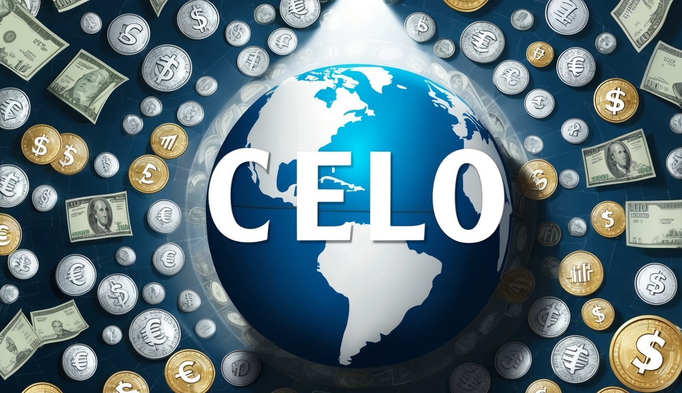 A globe surrounded by various currency symbols, with a spotlight shining on the word "CELO" in the center