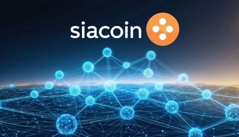 Siacoin logo with network of blue glowing spheres on a landscape