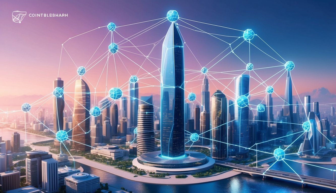 A futuristic city skyline with interconnected nodes representing the Zilliqa blockchain network