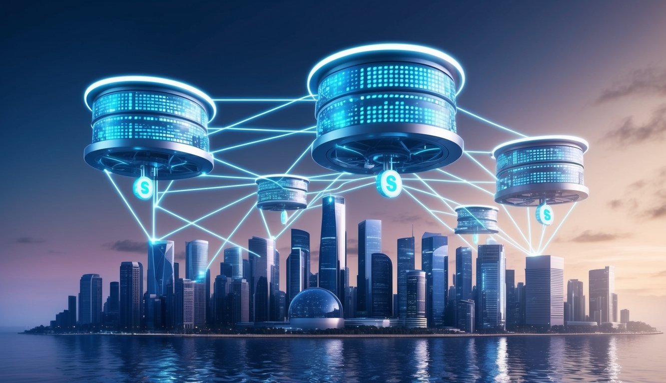 A futuristic city skyline with data servers floating in the air, interconnected by glowing lines, representing the decentralized storage of Siacoin (SC)