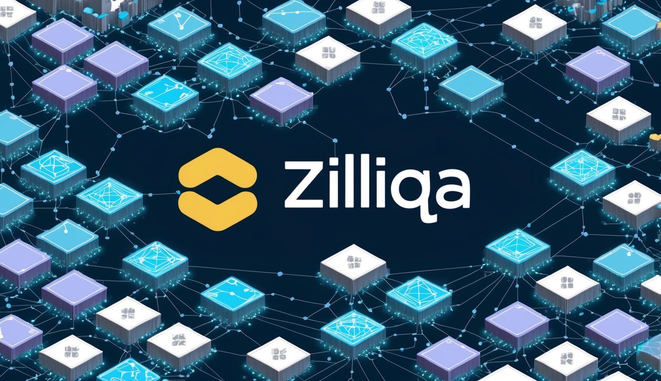 A network of interconnected blocks, each representing a different DApp use case, with the Zilliqa logo prominently displayed in the center