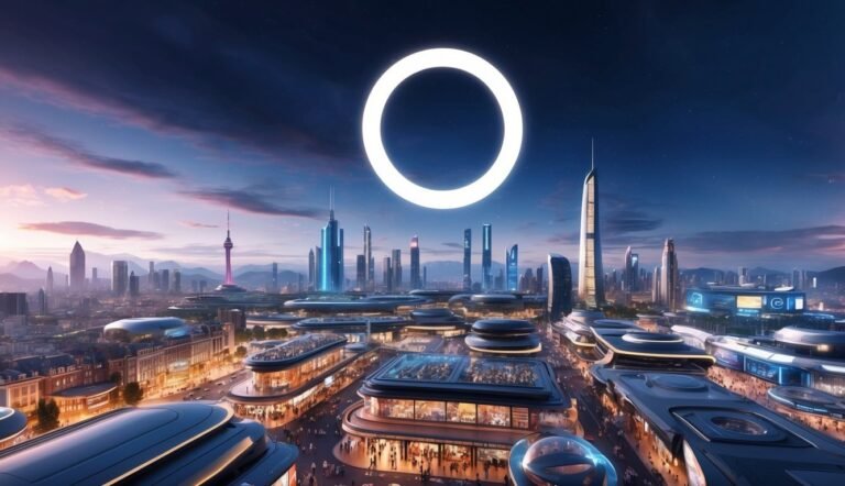 Futuristic city with a glowing ring in the sky at dusk