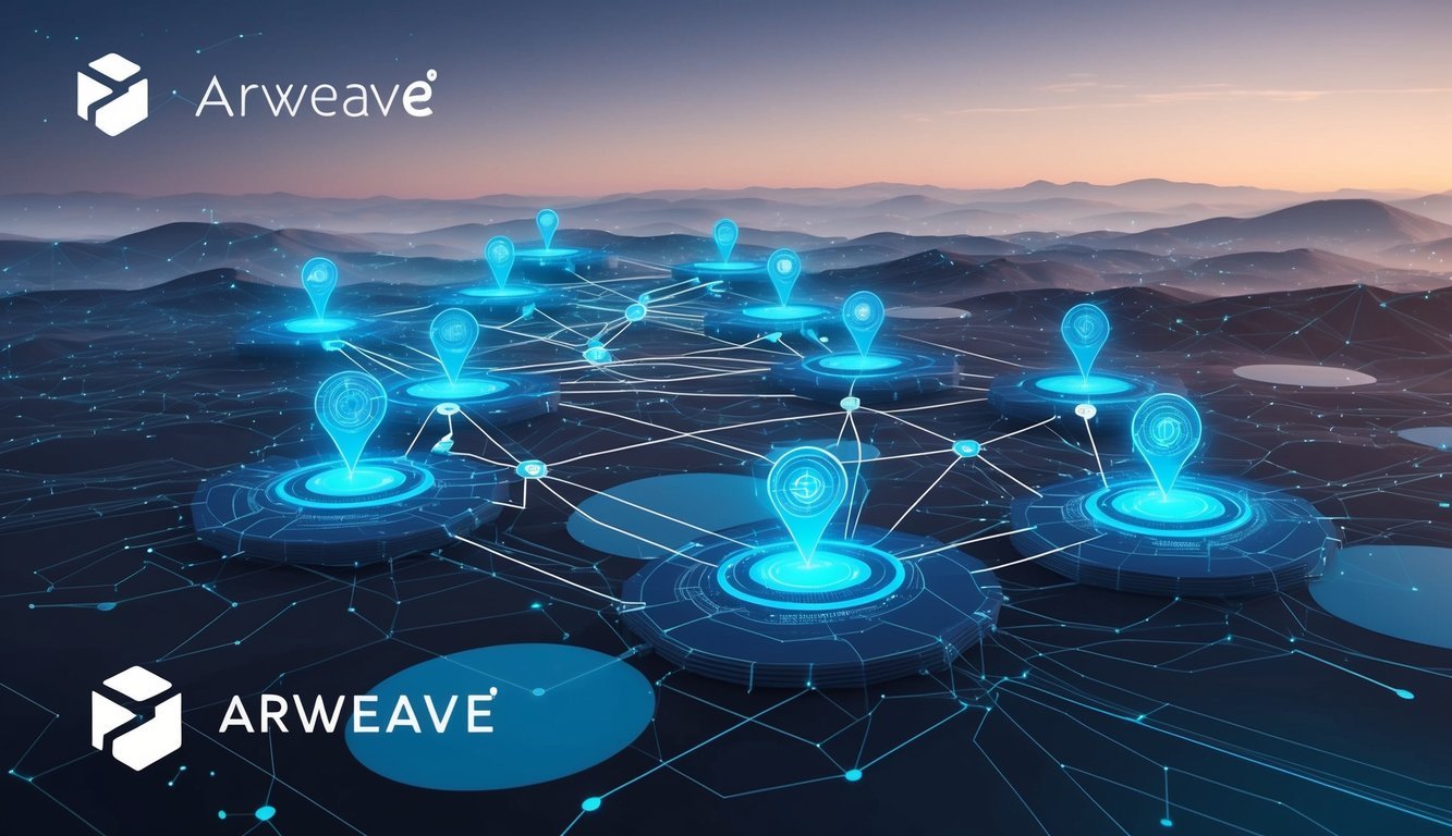 A digital landscape with interconnected nodes and data flowing through them, representing Arweave's position in the Web3 ecosystem