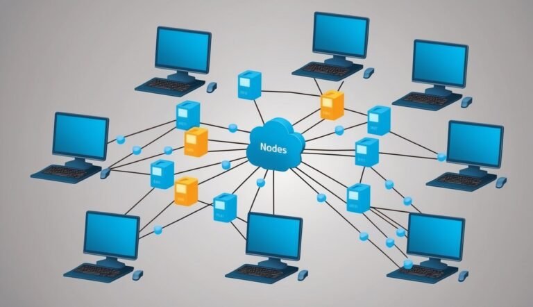 Network diagram with computers, nodes, and data connections