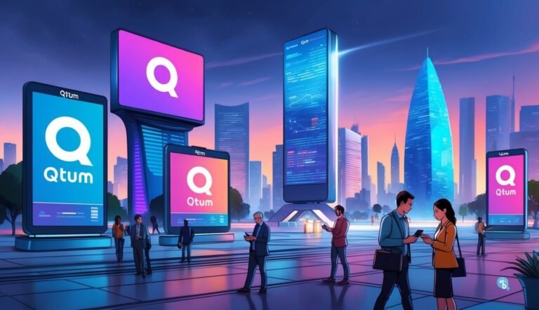 People using phones in a city with large Qtum logo displays