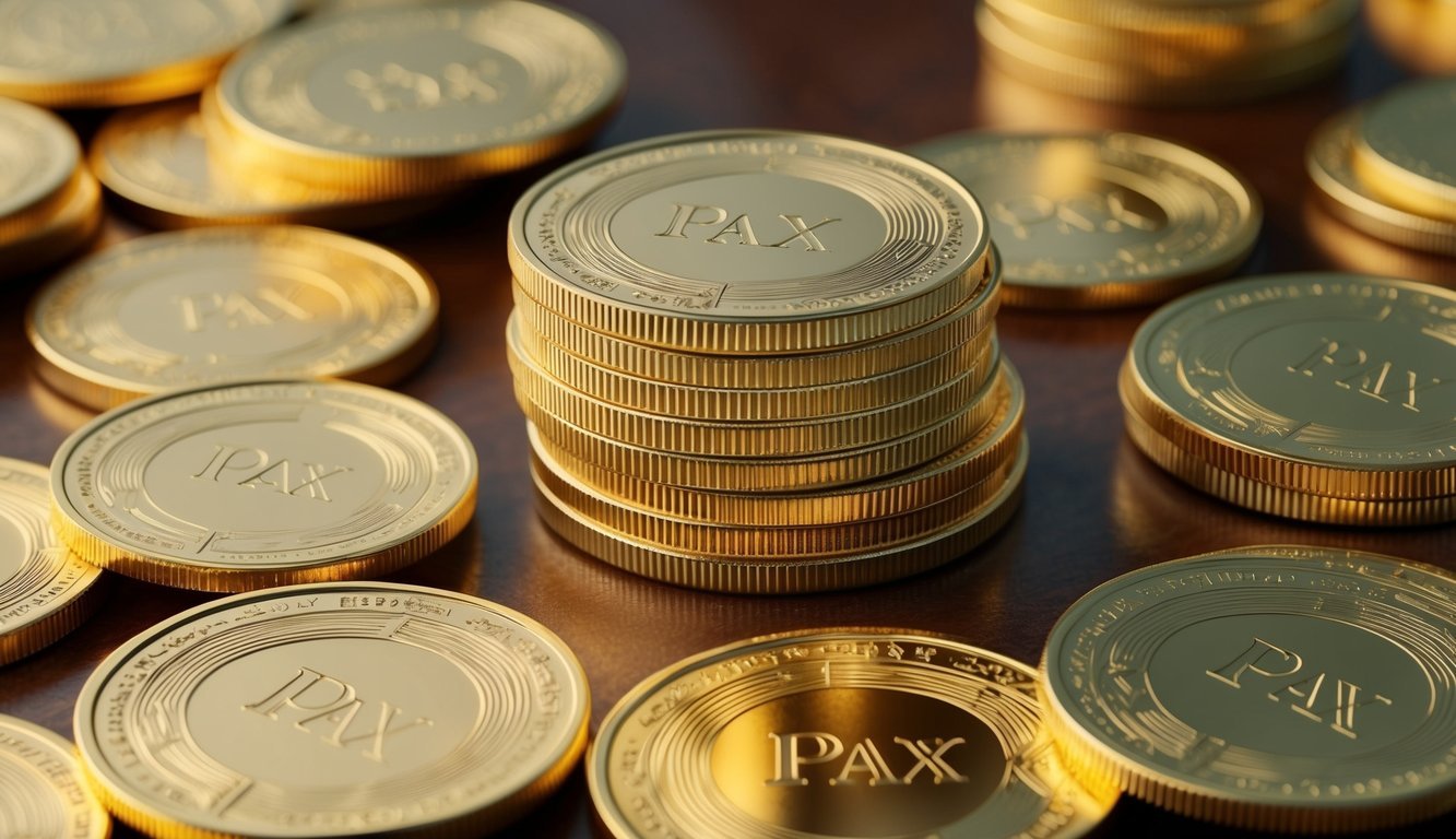 A stack of gold coins with the letters PAX engraved on them