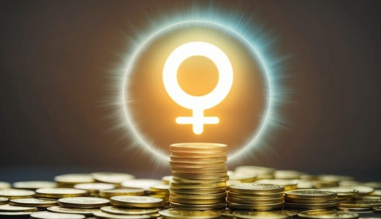 Female symbol with glowing halo over stacks of gold coins