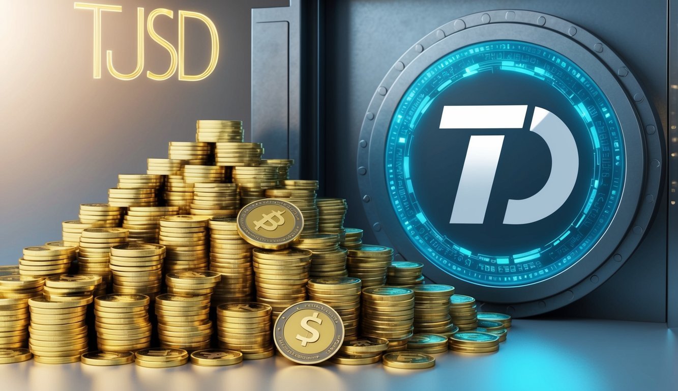 A pile of gold coins with the letters "TUSD" engraved on them, surrounded by a secure vault and a digital currency symbol