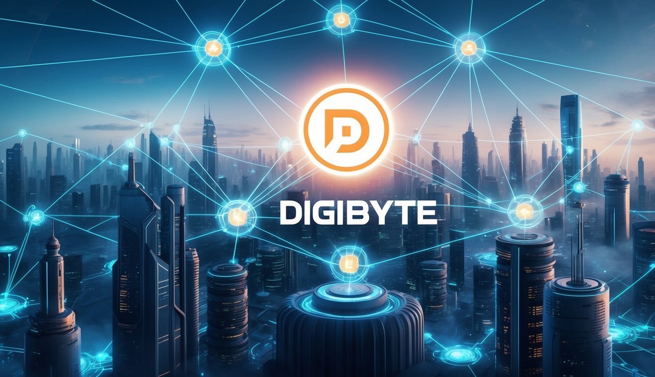 A futuristic cityscape with digital elements, a network of interconnected nodes, and a prominent DigiByte logo glowing in the center