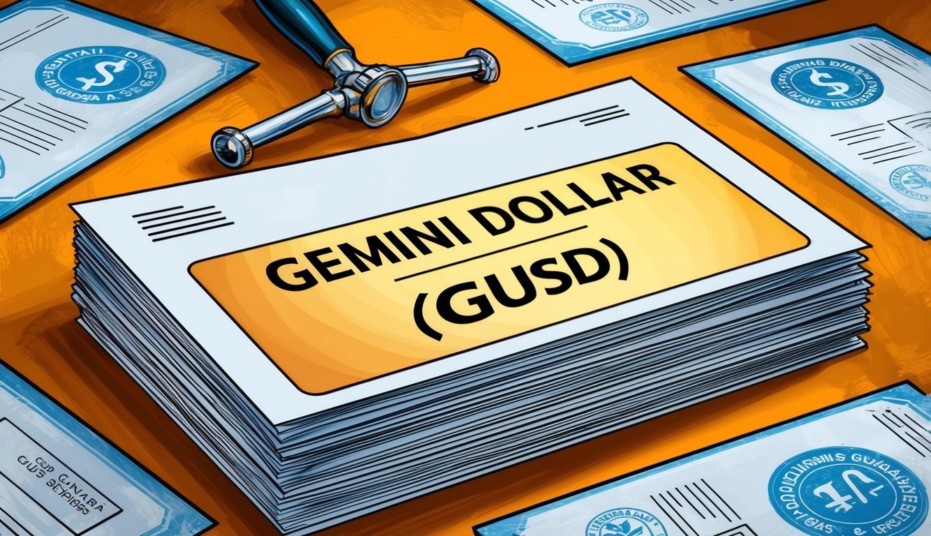 A stack of official documents with a prominent "Gemini Dollar (GUSD)" label, surrounded by regulatory symbols and compliance stamps