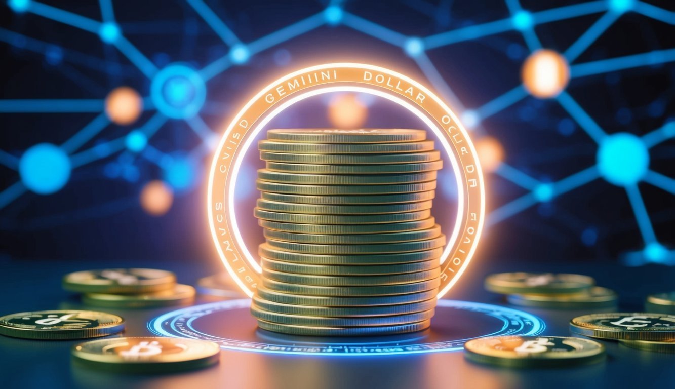 A stack of Gemini Dollar (GUSD) coins surrounded by a glowing digital symbol, with a secure blockchain network in the background