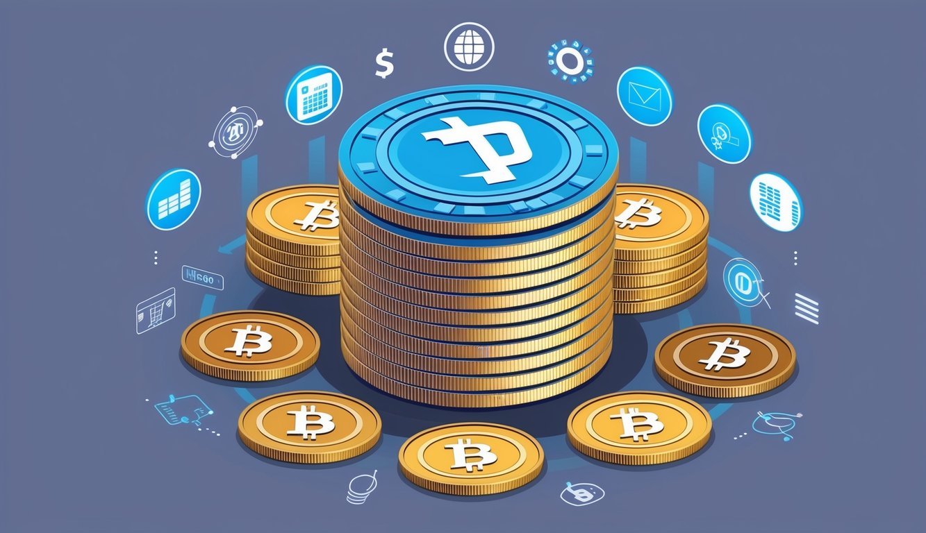 A stack of TrueUSD (TUSD) coins surrounded by various financial and digital integration symbols