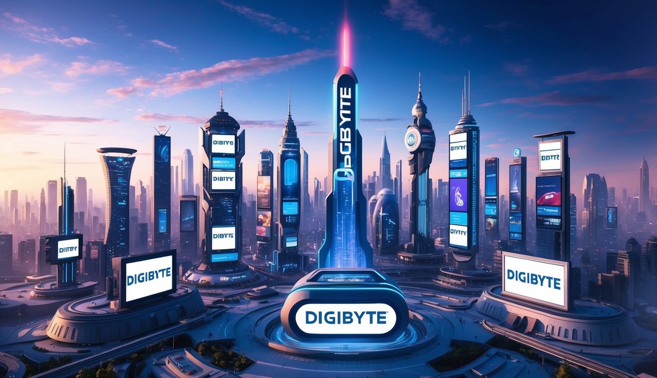 A futuristic city skyline with the DigiByte logo prominently displayed on digital billboards and screens throughout the city