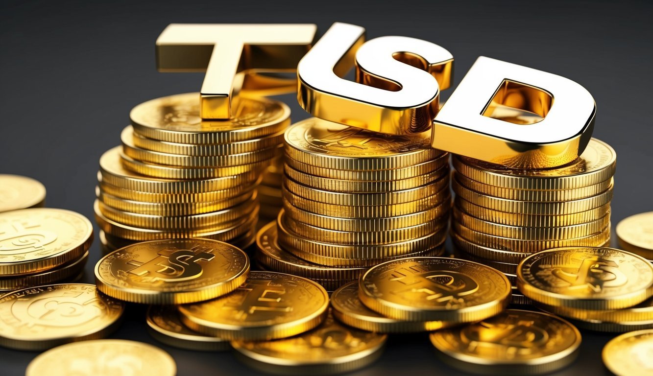 A stack of gold coins with a shining TUSD symbol on top