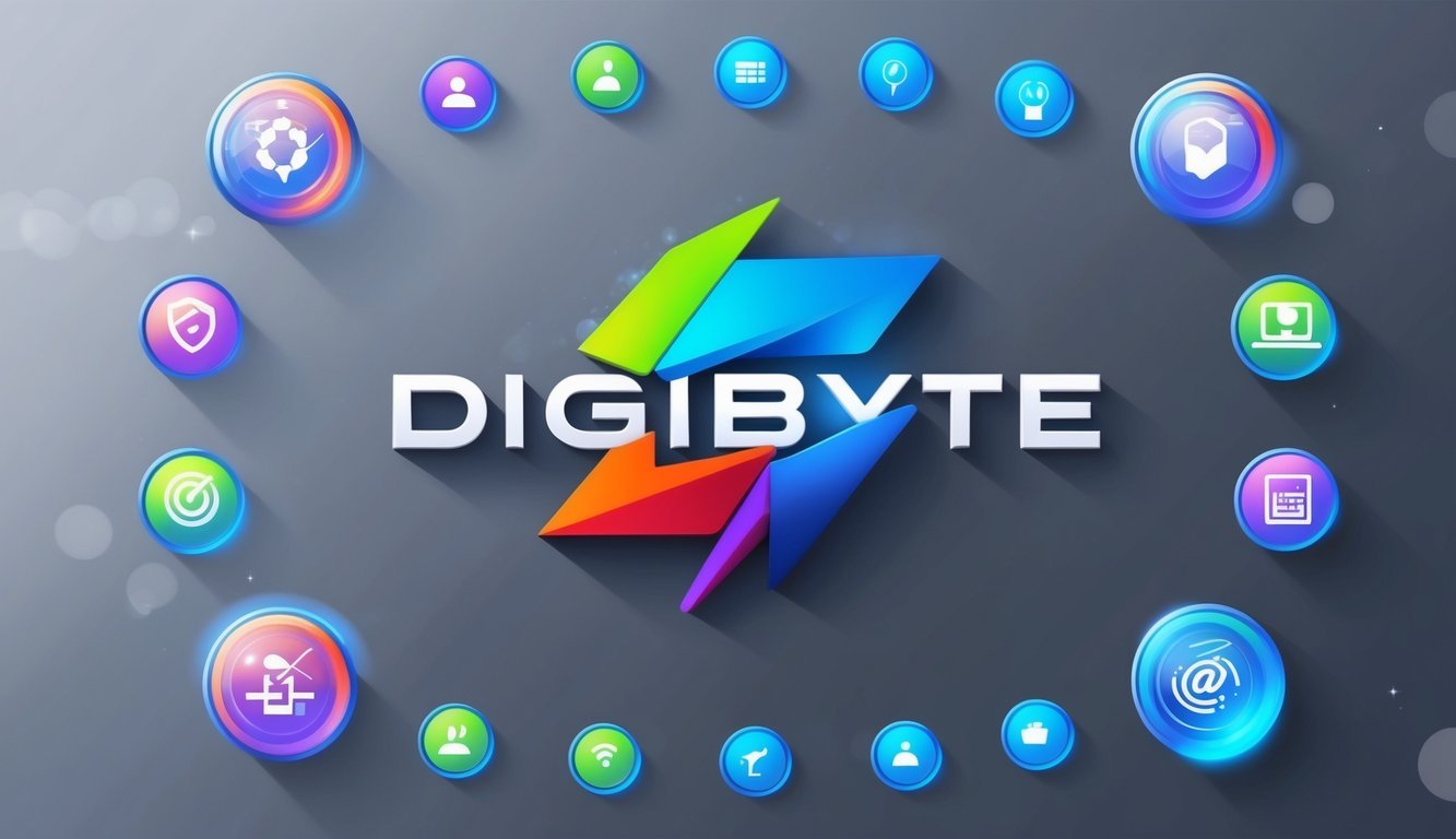 A vibrant DigiByte logo surrounded by digital icons and symbols