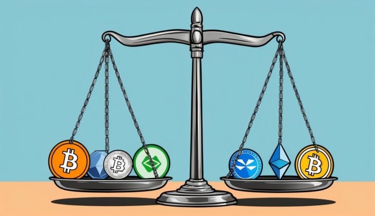 Scales balancing various cryptocurrency coins, including Bitcoin and Ethereum
