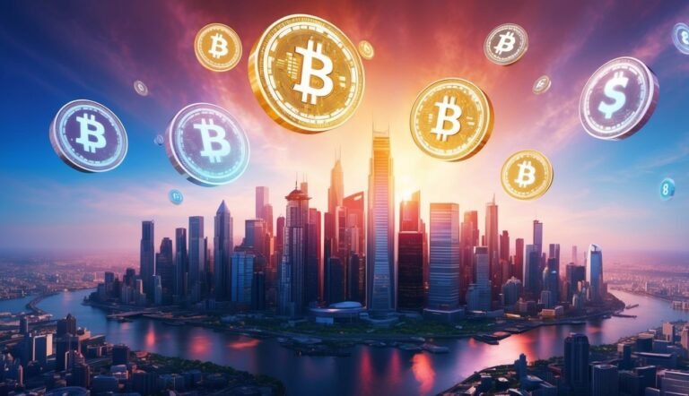 Bitcoin coins floating above a cityscape with a river at sunset