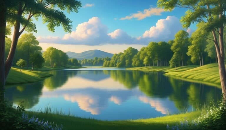 Scenic landscape with a lake, trees, clouds, and mountains in the distance