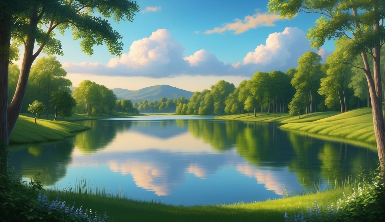 A serene landscape with a tranquil lake reflecting the sky, surrounded by lush greenery and a peaceful atmosphere