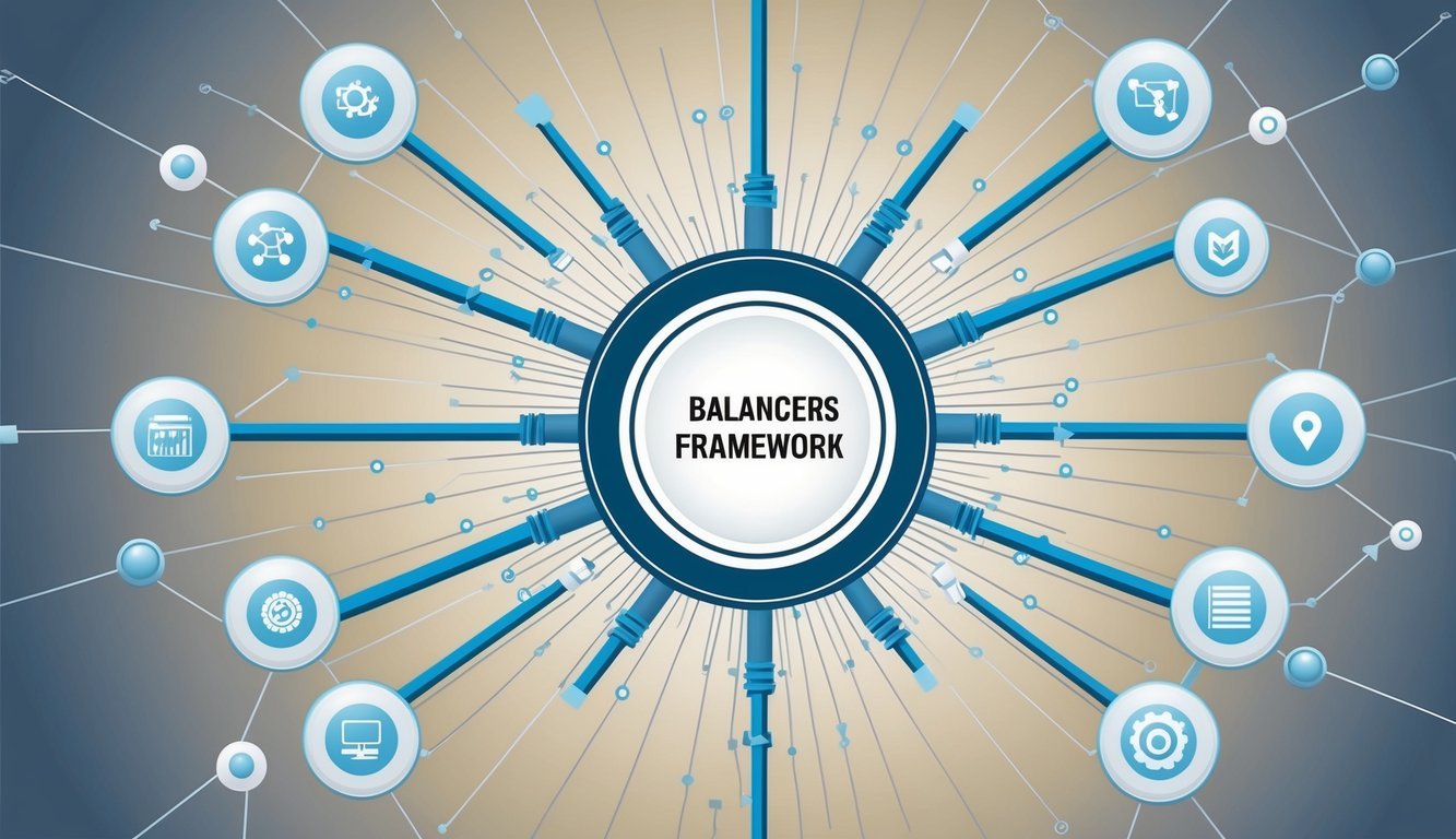 A network of interconnected nodes, each representing a different aspect of Balancer's technical framework, radiating out from a central hub